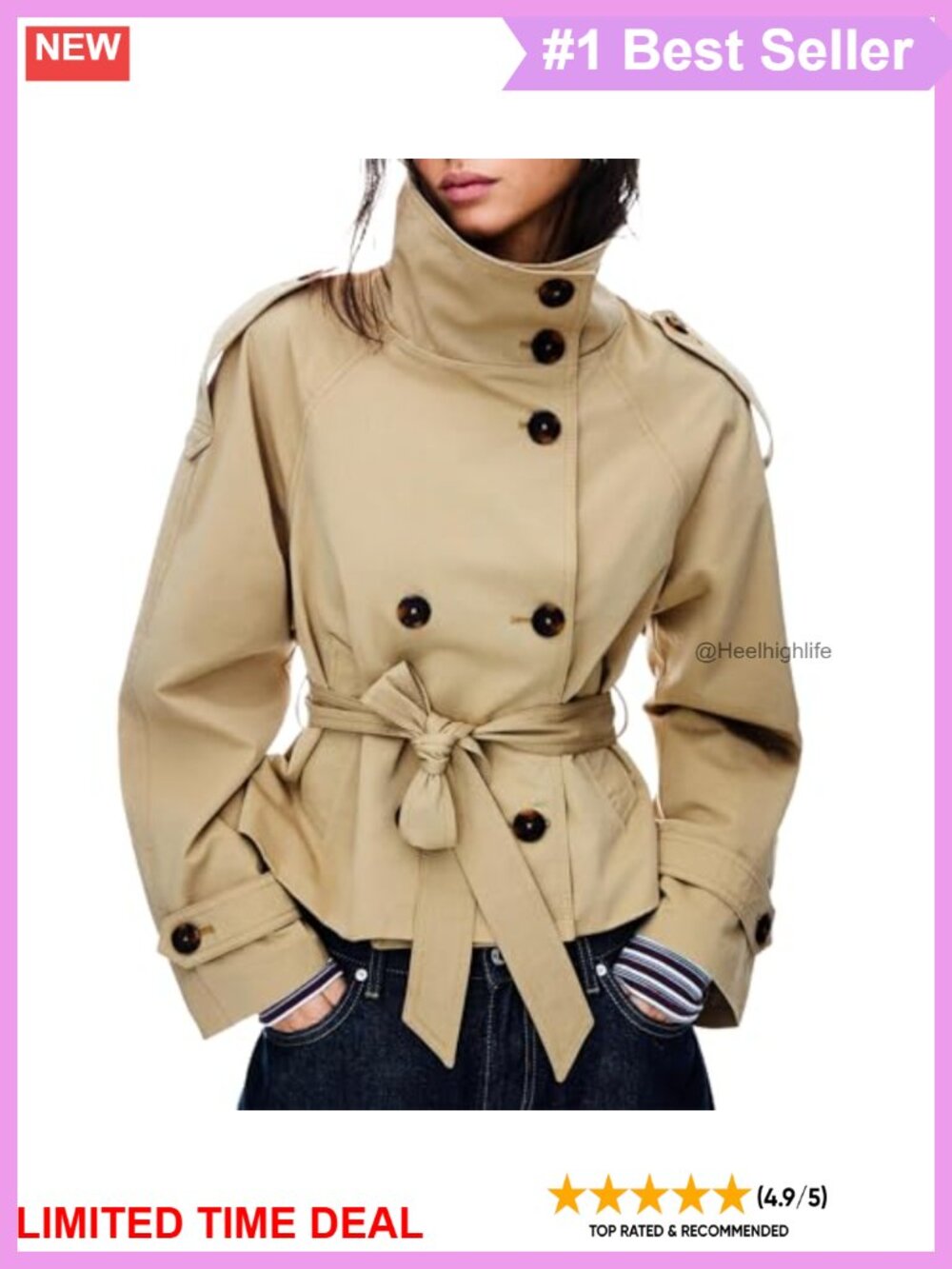 Cropped Trench Coat Double Breasted Belted Jacket